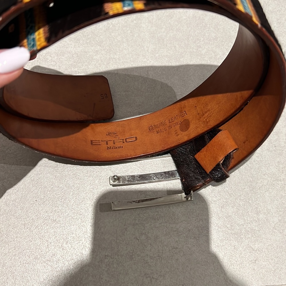 ETRO Milano MEN brown Genuine LEATHER BELT WITH SILVER HARDWARE embroidery - Picture 3 of 5